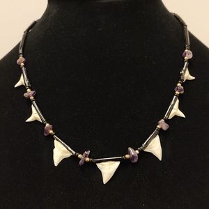 NWOT White Shark Tooth with gold beads, amethyst Necklace